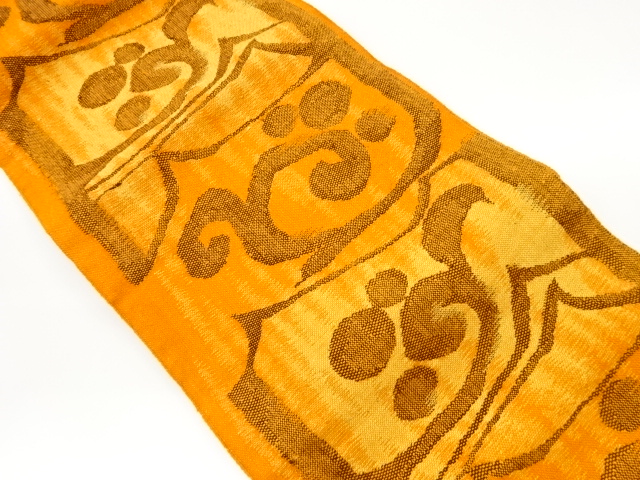 リサイクル　手織り真綿紬抽象唐草模様織出し名古屋帯